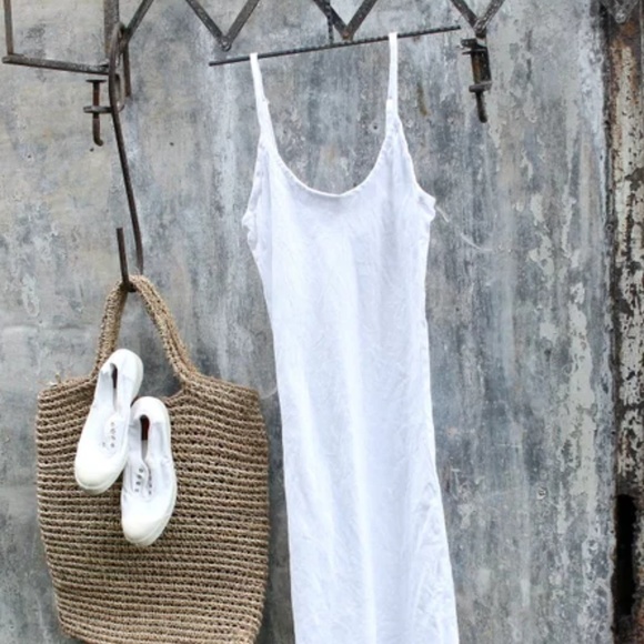 white linen slip dress